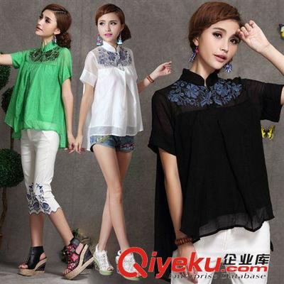 FA7065 民族风女装 2014夏季新款绣花立领宽松短袖雪纺衫批发